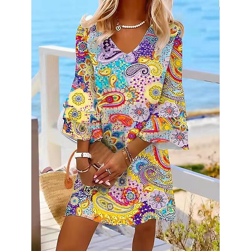 Women's Mini Dress Casual Dress Semi Formal Dress Petite Dress Sundress Bohemia Ruffle Sleeve Vacation Daily Cocktail Party Regular Fit Floral Paisley 3/4 Length Sleeve V Neck Red Blue2