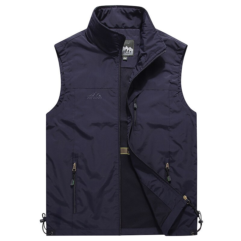 Men's Fishing Vest Sleeveless Vest Outdoor Casual Spring Fall Pocket Polyester Quick Dry Plain Zipper Stand Collar Black Army Green Blue Khaki Vest3