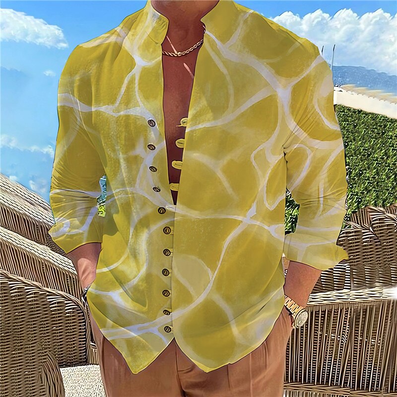 Men's Gradient Waves Seascape Pattern Shirt Summer Hawaiian Shirt Aloha Shirt Long Sleeve Shirt Stand Collar Fashion Designer Casual Outdoor Vacation Street Yellow Red Blue S M L2