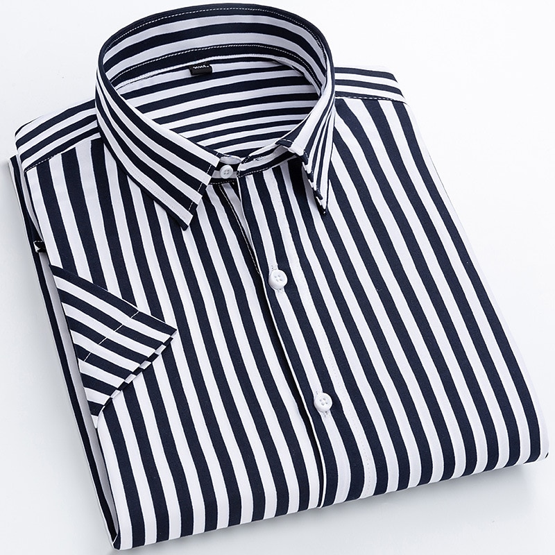 Men's Dress Shirt Striped Shirt Plaid / Striped / Chevron / Round Wedding Office & Career Black White Dark Navy Navy Blue Short Sleeve Shirt Collar Spring & Summer Clothing Apparel4