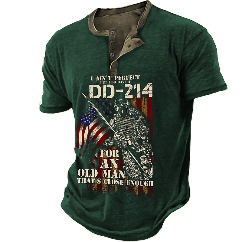 Men's Graphic Soldier I Ain't Perfect but I do Have a dd-214 Henley Shirt Short Sleeve 3D Print Fashion Designer Comfortable Outdoor Daily Summer Black Navy Blue Brown Green Henley Henley T-Shirt3