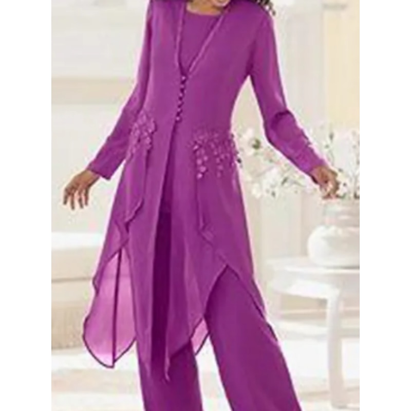 Beach Wedding 3 Piece Mother of the Bride  Wedding Guest Elegant Vintage Scoop Neck Ankle Length Chiffon Lace Long Sleeve with Appliques3