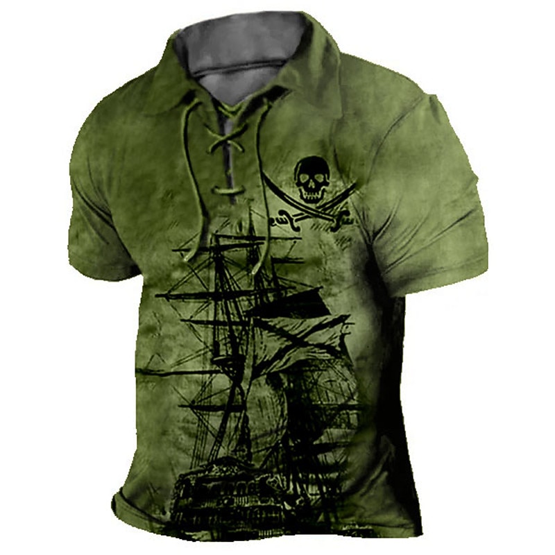 Men's Skull Graphic Prints Vintage Sailboat Polo Shirt Golf Shirt Short Sleeve Shirt Turndown Outdoor Street Blue Green Khaki Gray Drawstring Print Clothing Apparel Sports Fashion Streetwear Designer4