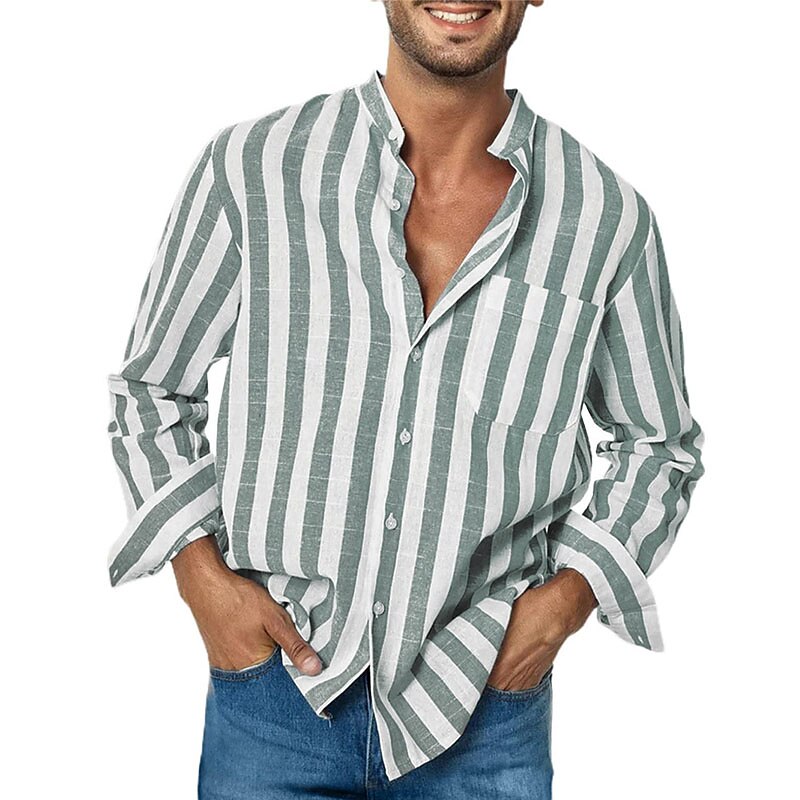 Men's Shirt Summer Shirt Casual Shirt Beach Shirt Button Up Shirt Striped Shirts Black Red Blue Green Gray Long Sleeve Striped Grandad Collar Collar Vacation Daily Print Clothing Apparel Polyester4