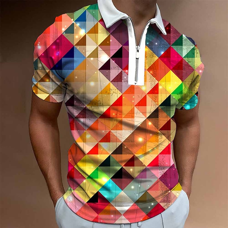 Men's Graphic Zip Polo Shirts Golf Shirt Short Sleeve Polo Shirts Collared Shirts Casual Vacation Wear Rave Wear Party Outfits 3D Print Quarter Zip Polo White Yellow Pink2