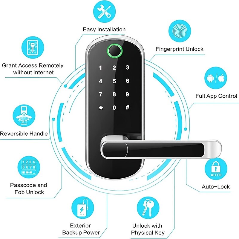 Smart 5 In 1 Door Lock With Handle Biometric Technology Storage Memory Function 6