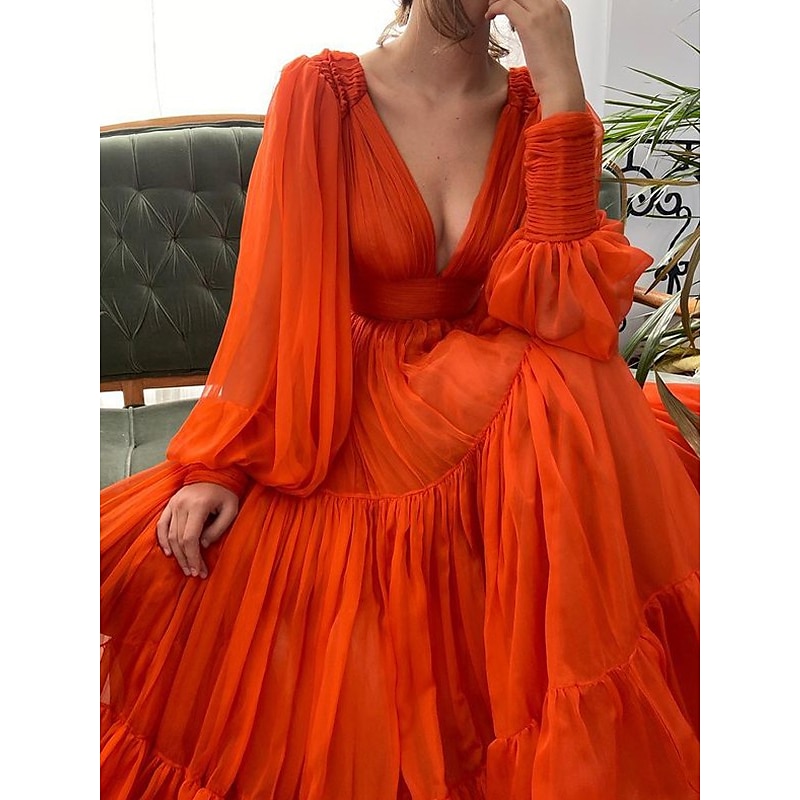 A-Line Evening Gown Elegant Dress Formal Wedding Guest Floor Length Long Sleeve V Neck Chiffon with Ruched3