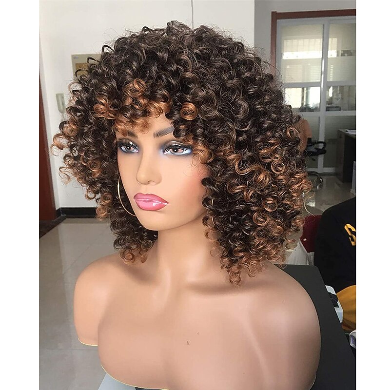 Short Curly Wig for Black Women with Bangs Big Bouncy Fluffy Kinky Curly Wig Heat Resist Soft Synthetic 2Tone Ombre Darkest Brown Short Curly Afro Wig2