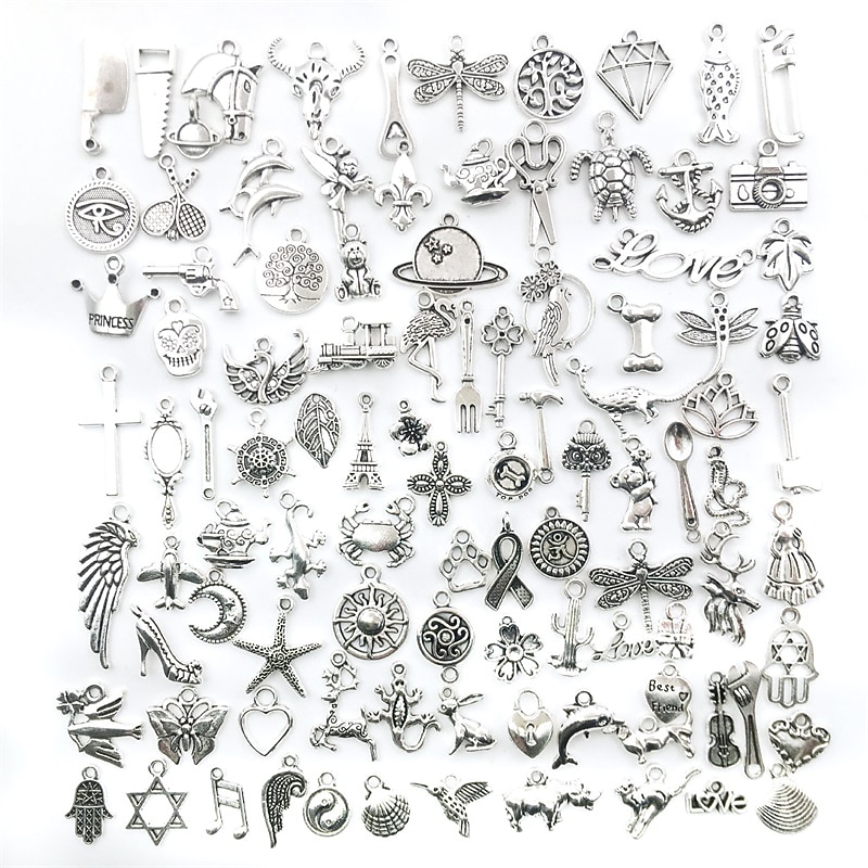 100 PCS Bulk Lots Jewelry Making Silver Charms Mixed Smooth Tibetan Silver Metal Charms Pendants DIY For Necklace Bracelet Jewelry Making And Crafting4