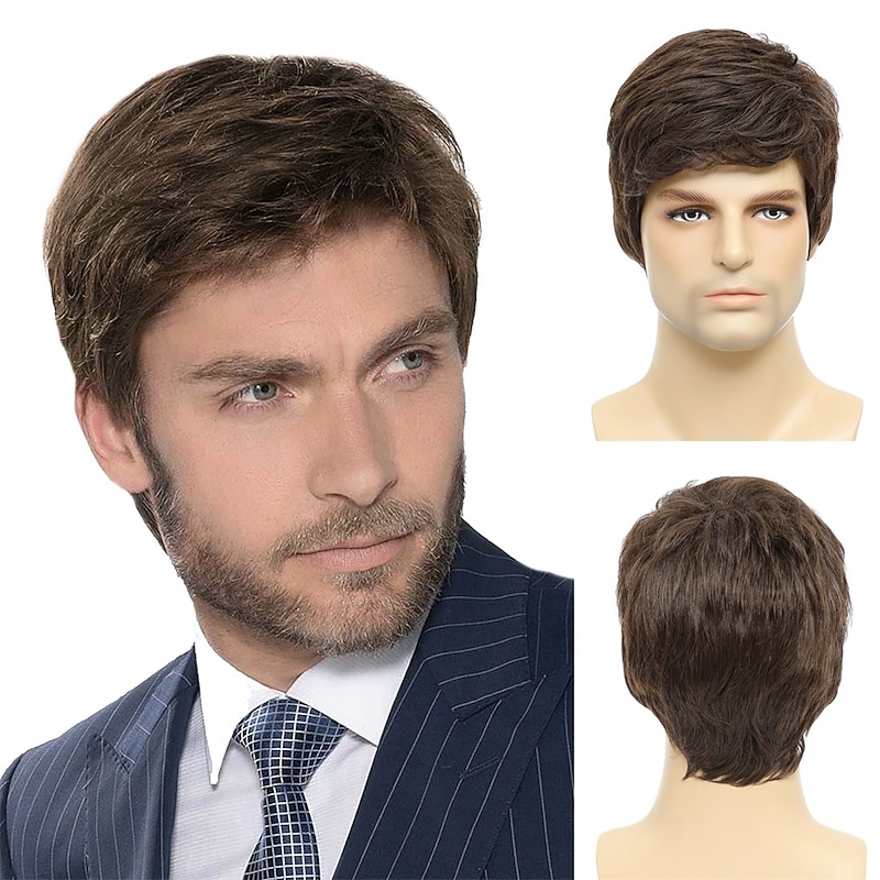 Men's Wigs Short Mens Brown Wig Layered Natural Hair Costume Halloween Heat Resistant Synthetic Wigs for Men Male