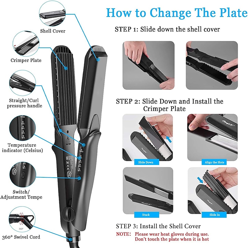 Hair Crimper Crimping Irons Hair Straightener Flat Iron Tourmaline Ceramic Plate Adjustable Temperature for All Hair Type3