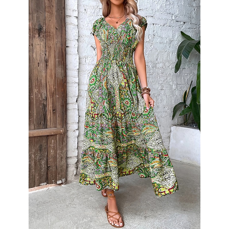 Women's Maxi long Dress Casual Dress Swing Dress Summer Dress Boho Dress Bohemia Fashion Casual Outdoor Vacation Daily Loose Fit Floral Paisley Tribal Short Sleeve V Neck ArmyGreen Red Orange Green4