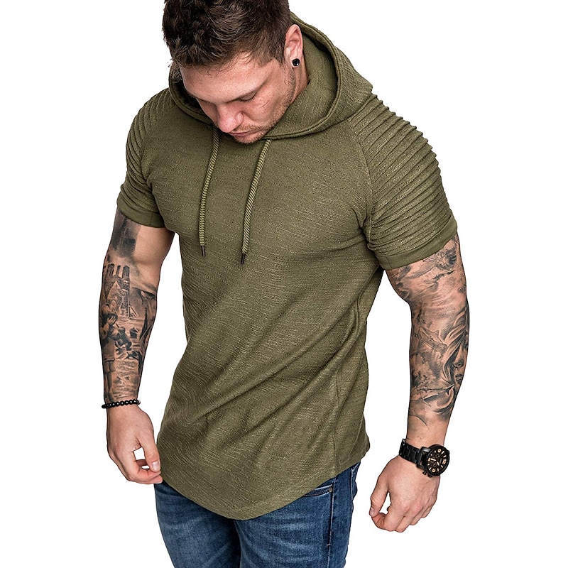 Men's T Shirt Tee Top Short Sleeves Hooded Summer Plain Slim Pleated Fashion Sport Basic Vacation Street Going out Black White Navy Blue Top Tee for Men2