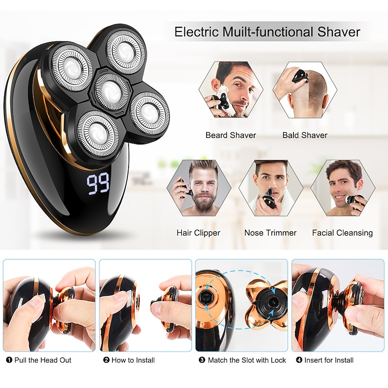 Electric Shavers Mens Electric Shaving Razors  Bald Head Shaver ,Rechargeable Cordless Wet Dry Rotary Shaver Grooming Kit with Clippers Nose Hair Trimmer Facial Cleansing Brush4