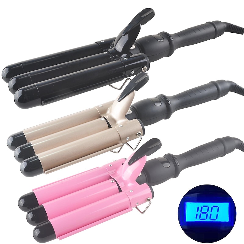 3 Barrel Curling Iron Wand Dual Voltage Hair Crimper with LCD Temp Display - 1 Inch Ceramic Tourmaline Triple Barrels Temperature Adjustable Portable Hair Waver Heats Up Quickly3