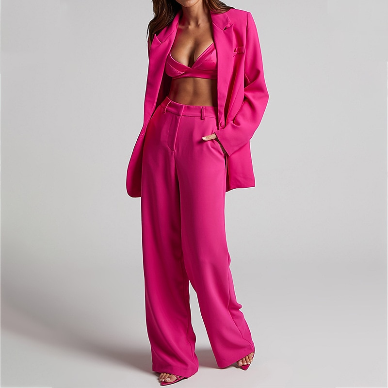 Women's Suits Pants Blazer Business Causal Festival Work Office / Business Casual Solid Colored Single Breasted One-button Loose Fit Men's Suit Black / Yellow / Fuchsia - V Neck