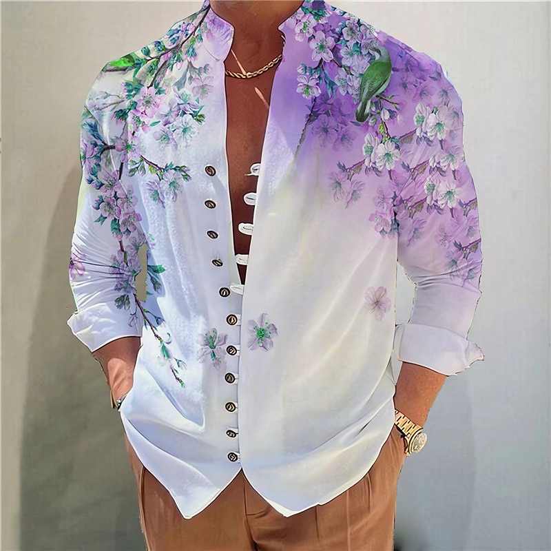 Men's Floral Shirt Button Up Shirt Long Sleeve Fashion Designer Casual Vacation Daily Going out Fall Autumn / Fall Spring & Summer Stand Collar Print Blue Purple Green Gray3