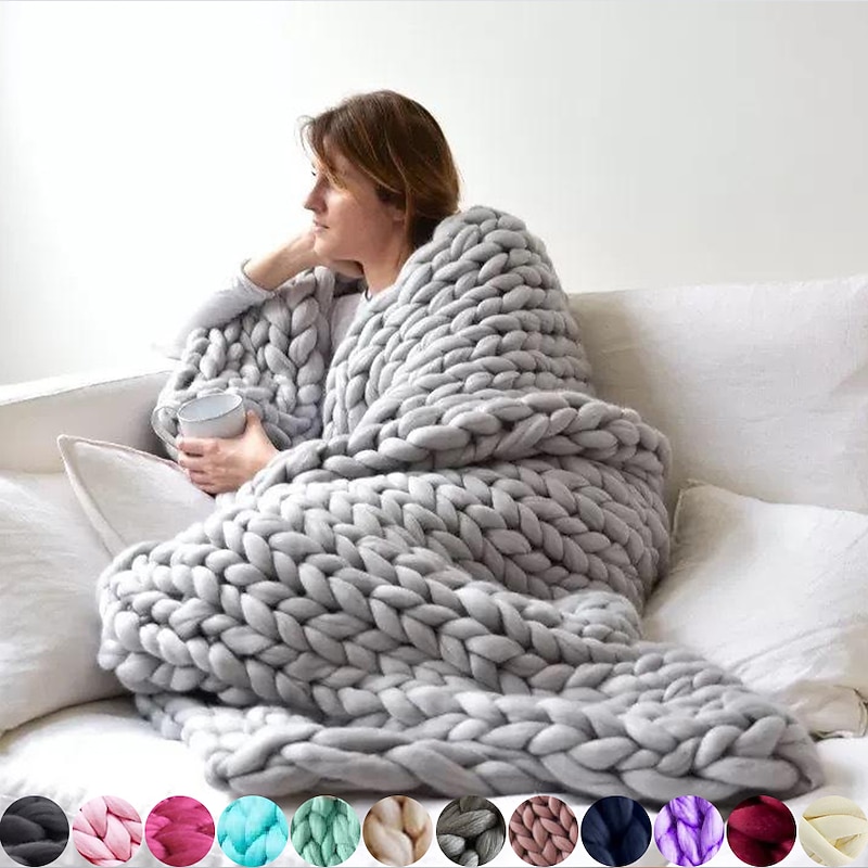 Chunky Knit Throw Blanket Super Thick Wool Handwoven Blanket Sofa Blanket Cover Blanket Knitting Thick Thread Blanket