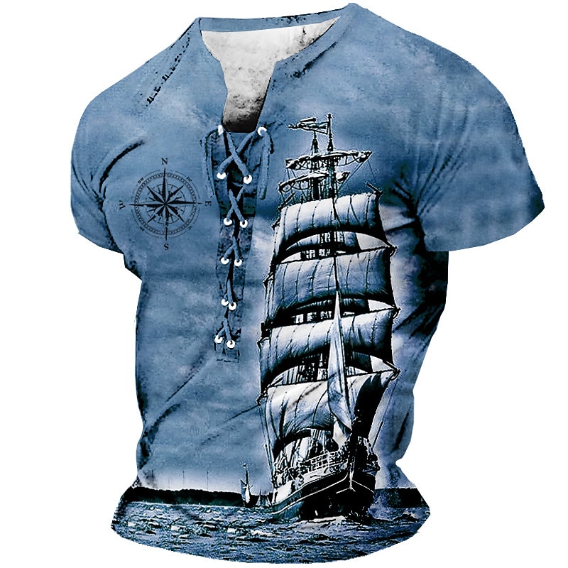 Sailboat And Compass Mens Graphic Shirt Lace Up 3D For Sailing Brown Summer Cotton Tee Ship Stand Collar Clothing Apparel Print Daily Sports Short Sleeve Black White Casual Grey2