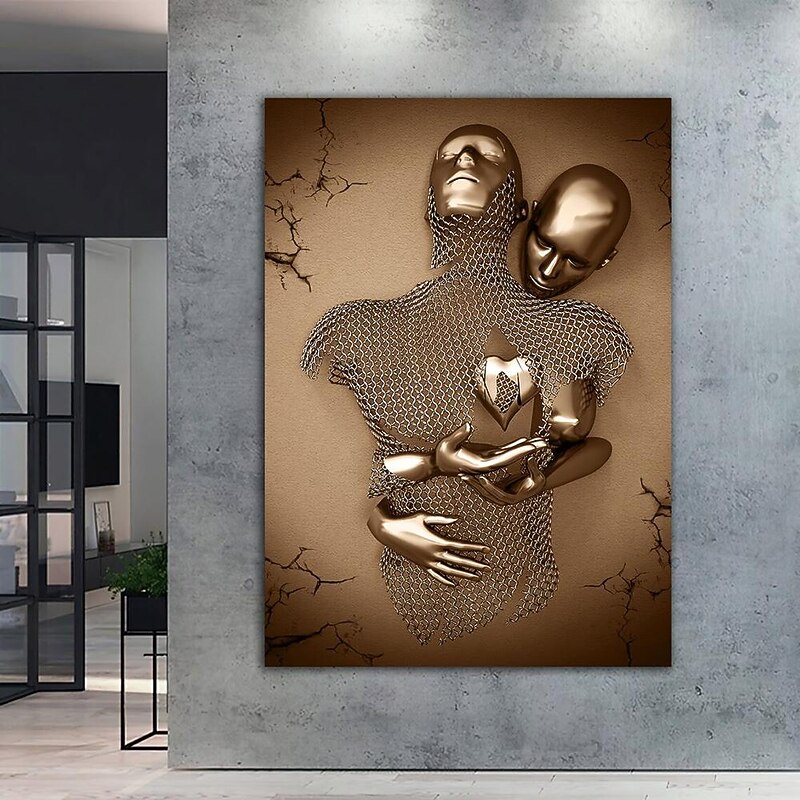 Abstract People Wall Art Canvas Love Couples Prints Painting Artwork Picture Kissing Hug Love Bronze Glitter Home Decoration Décor Rolled Canvas No Frame Unframed Unstretched3