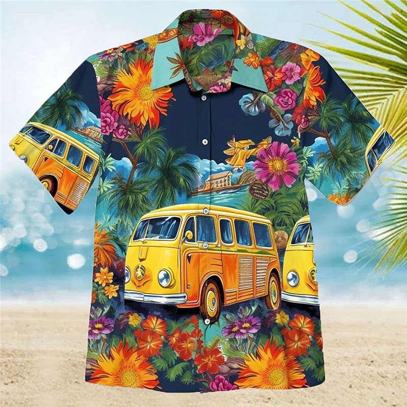Men's Floral Hippie Bus Shirt Summer Hawaiian Shirt Aloha Shirt Short Sleeves Shirt Turndown Fashion Streetwear Designer Outdoor Street Casual Yellow Navy Blue Blue S M L