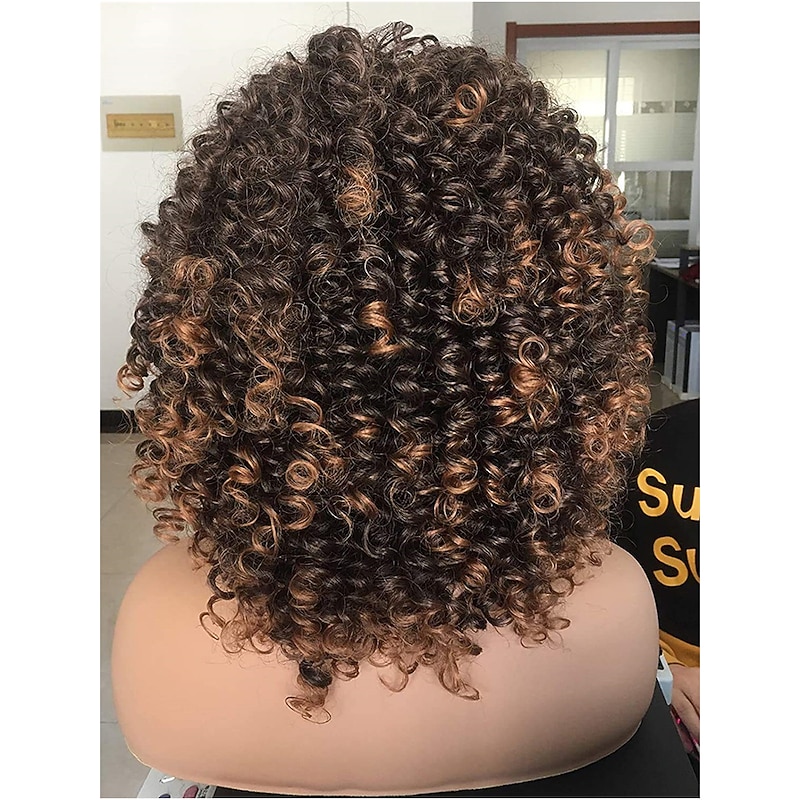 Short Curly Wig for Black Women with Bangs Big Bouncy Fluffy Kinky Curly Wig Heat Resist Soft Synthetic 2Tone Ombre Darkest Brown Short Curly Afro Wig3