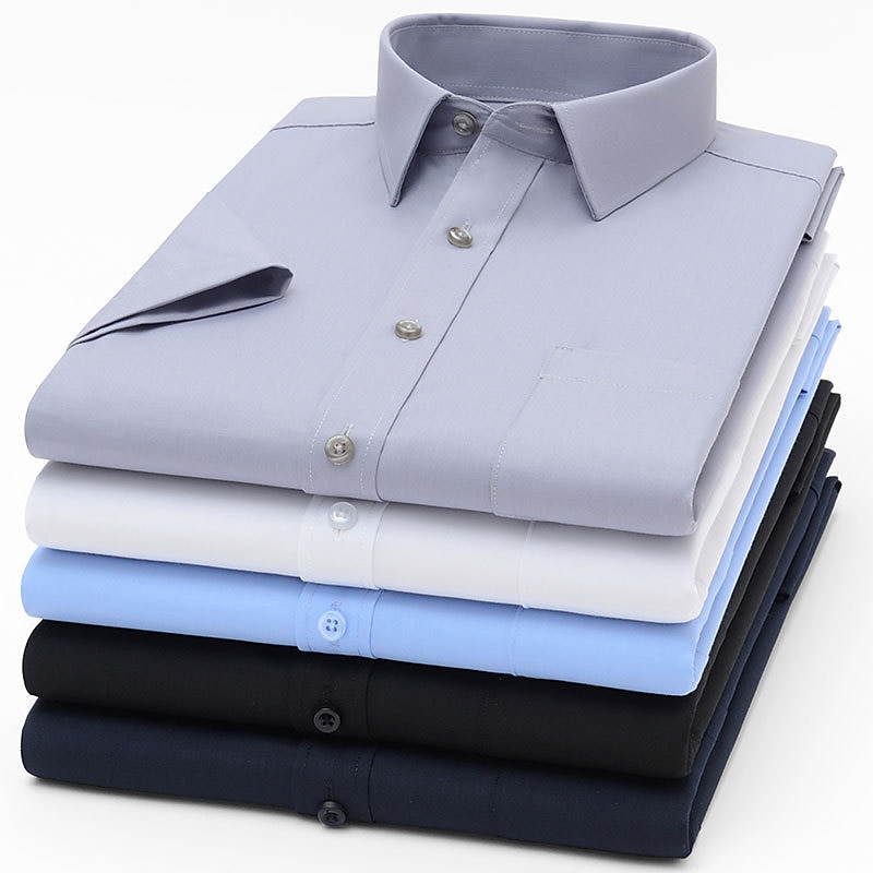 Men's Dress Shirt Solid / Plain Color Wedding Office & Career Light Blue Black White Dark Navy Short Sleeve Shirt Collar Spring & Summer Clothing Apparel