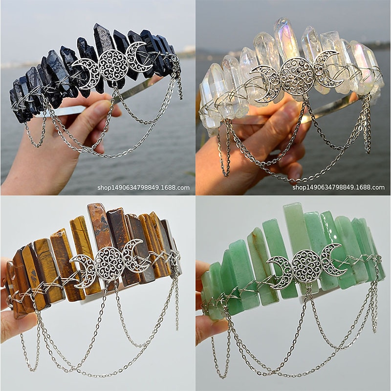 Natural Crystal Electroplated Black Electroplated Colorful White Wicca Witch Accessories Chain Crown Hair Band for Walpurgis Night