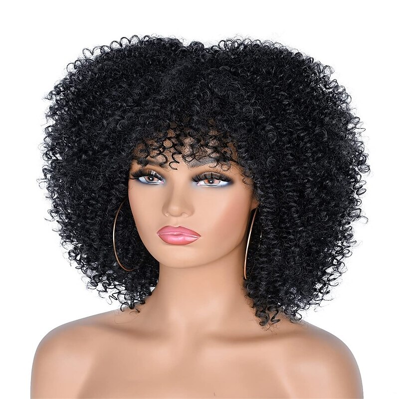 10Inch Short Curly Afro Wigs for Black Women Bomb Afro Kinky Curly Wig with Bangs Synthetic Fiber Full Wig3