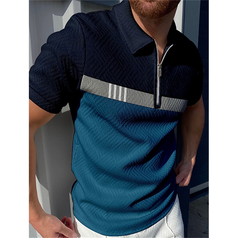 Men's Polo Shirt Golf Shirt Casual Holiday Lapel Quarter Zip Short Sleeve Fashion Basic Color Block Quarter Zip Summer Regular Fit White Wine Blue Polo Shirt3