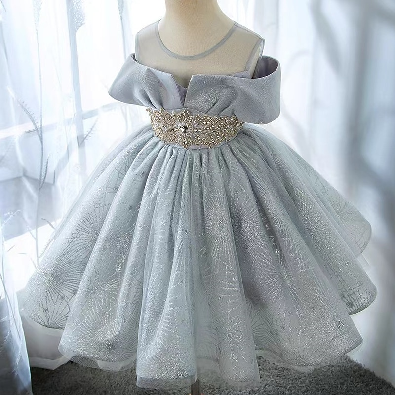 Kids Girls' Party Dress Solid Color Short Sleeve Performance Wedding Mesh Puff Sleeve Princess Sweet Mesh Mid-Calf Sheath Dress Tulle Dress Flower Girl's Dress Summer Spring Fall 2-12 Years Silver