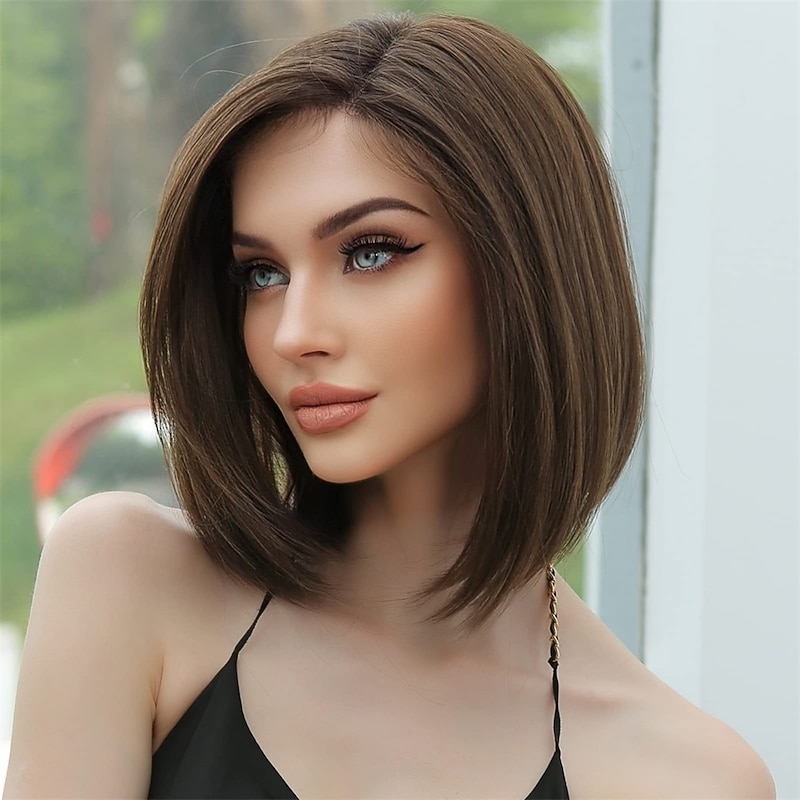 Brown Wigs for Women Bob Shoulder Length Straight Synthetic Lace Wig Side Parting with Baby Hair3