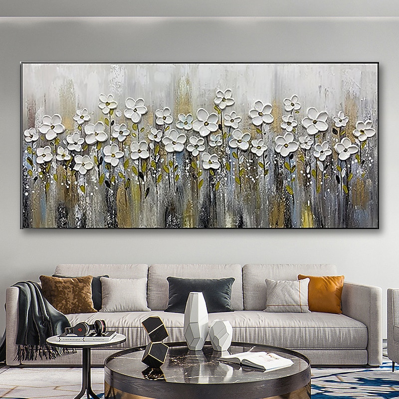 Oil Painting 100% Handmade Hand Painted Wall Art On Canvas Abstract Floral Botanical Comtemporary Modern White FLowers Home Decoration Decor Rolled Canvas No Frame Unstretched