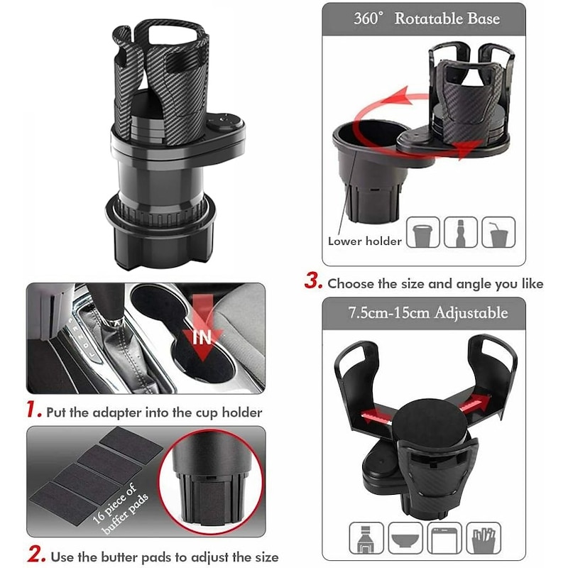 2 in 1 Multifunctional Car Cup Holder 360 Rotating Adjustable Car Cup Holder Expander Adapter Base Tray for Snack Bottles Cups3