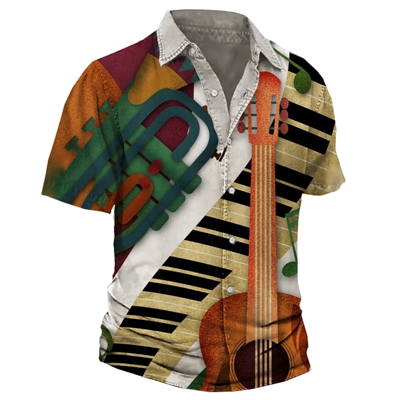 Men's Boardmasters Music Notes Shirt Button Up Shirt Short Sleeve Fashion Streetwear Designer Street Casual Daily Summer Spring Turndown Print Black Black / Brown Orange White+White Gray3