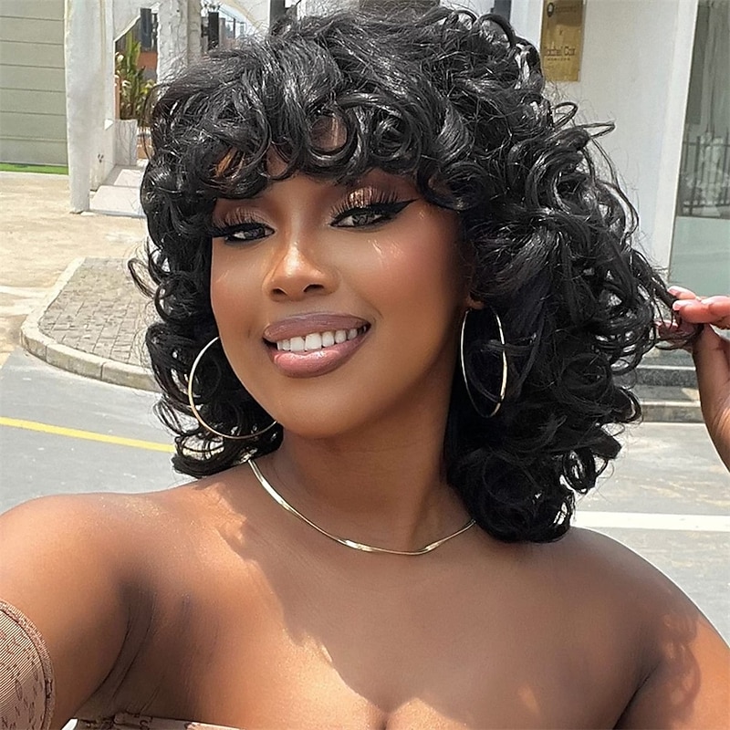 Short Curly Wigs for Black Women14 Soft Natural Black Synthetic Wigs for Black Women Cute Fashion Curly Wig with BangsAfro Kinky Curls Heat Resistant for African American Women Daily Use Party