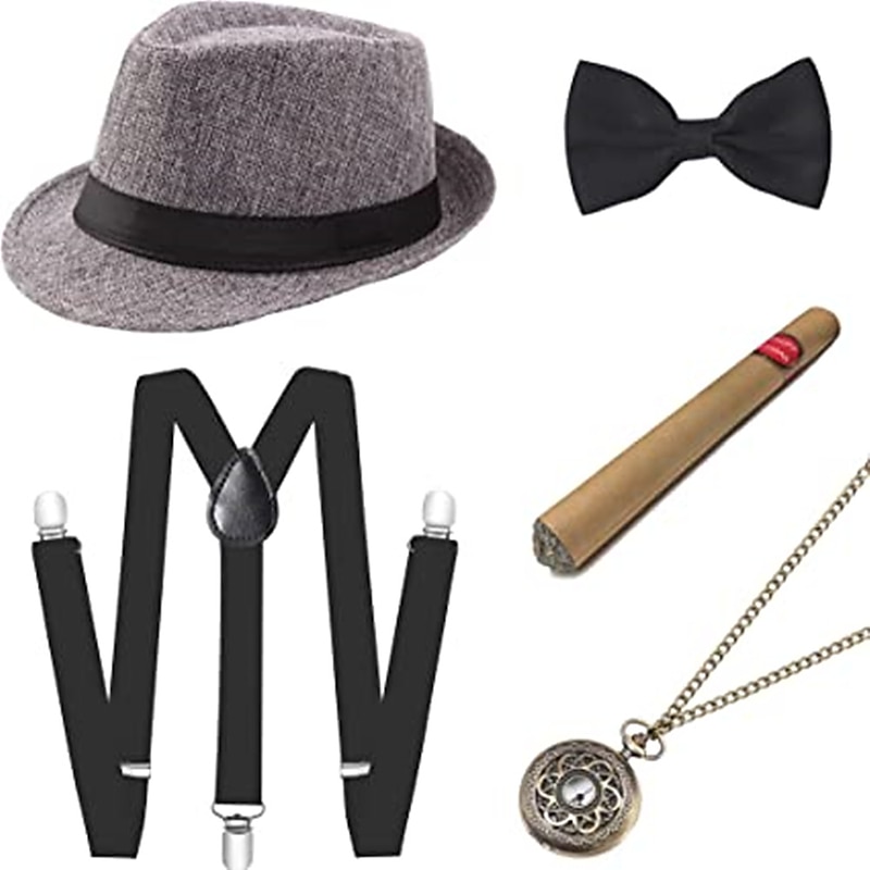 1920s Roaring Retro Men Costume Accessories Set Gangster Hat Fedora Hat Bow Tie Pocket Watch Suspender 5 Pcs