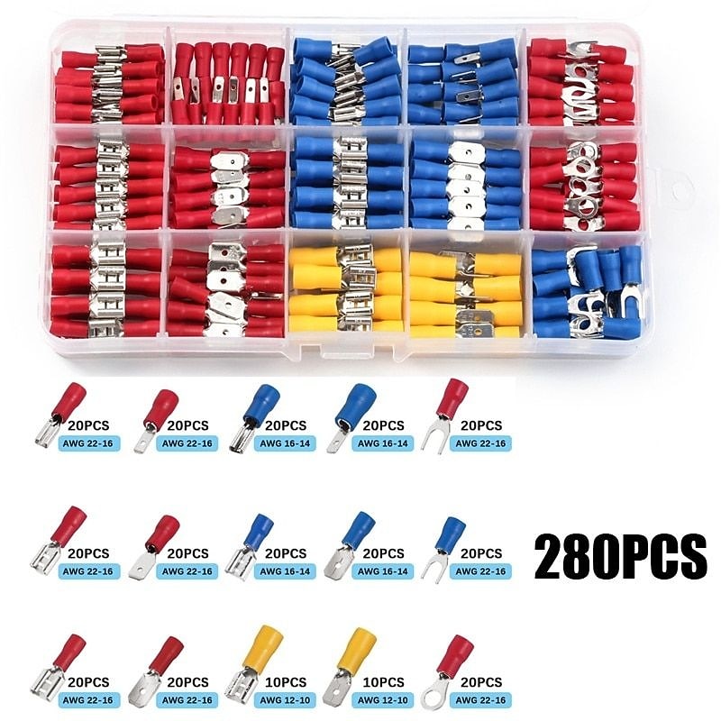 280pcs Box Assorted Spade Terminals Insulated Cable Connector Electrical Wire Crimp Butt Ring Fork Set Lugs Rolled Kit2