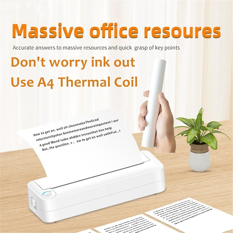 A4 Printer Portable Thermal Printer Wireless Bluetooth Office File Machine for iOS and Android Phone Photo Homework Maker