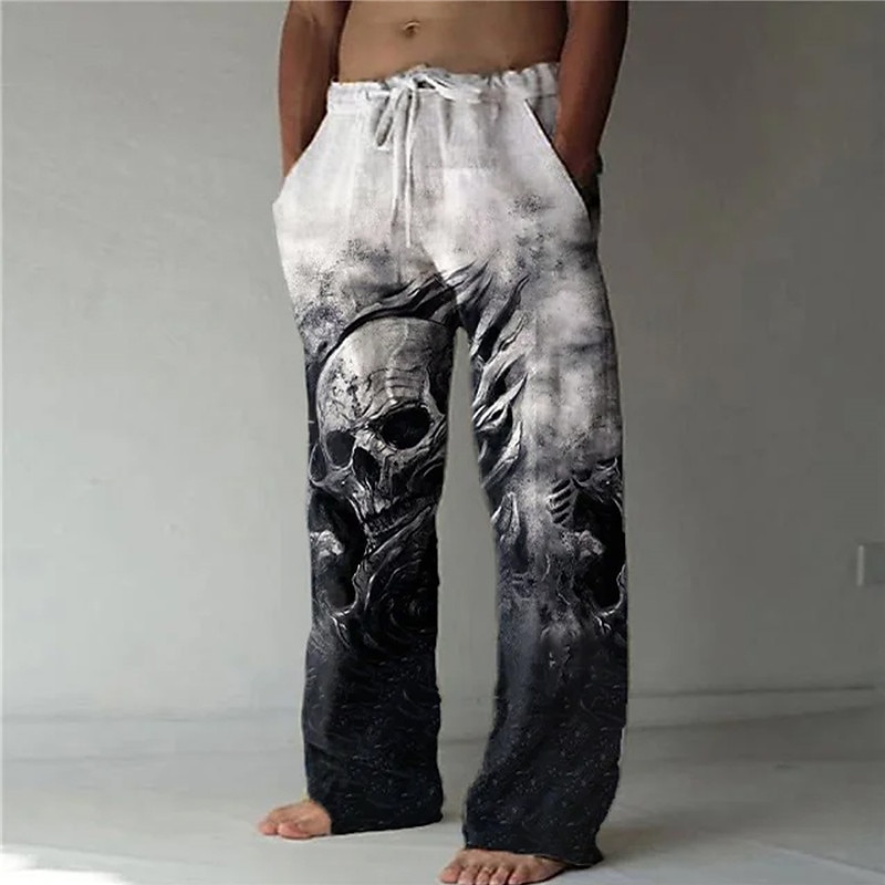 Men's Trousers Summer Pants Beach Pants Drawstring Elastic Waist 3D Print Skull Graphic Prints Comfort Casual Daily Holiday Streetwear Hawaiian Yellow Blue