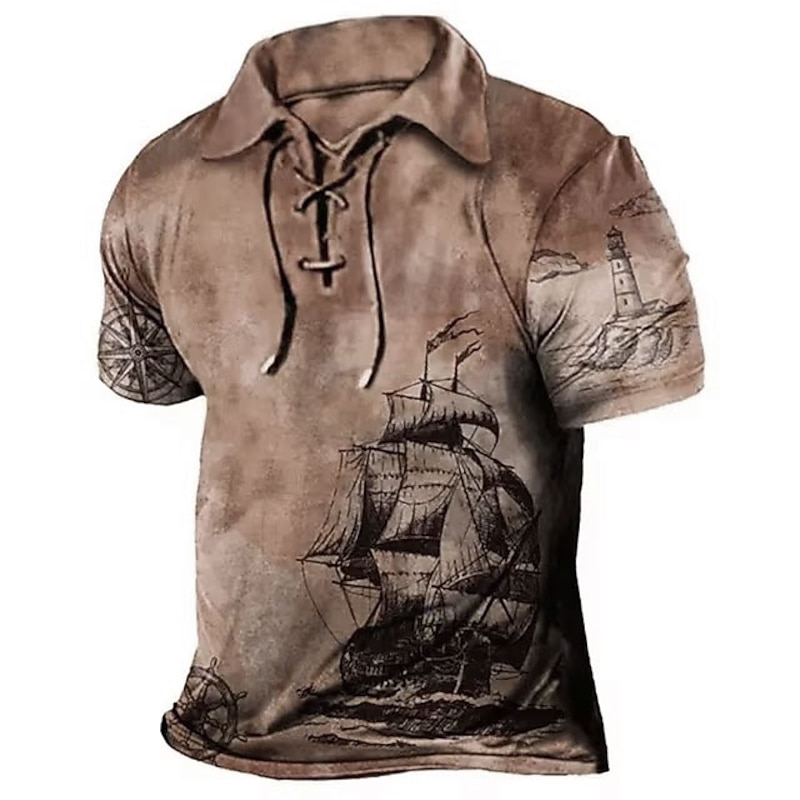 Men's Graphic Prints Vintage Boat Polo Shirt Golf Shirt Short Sleeve Shirt Turndown Outdoor Street Blue Brown Green Khaki Drawstring Print Clothing Apparel Sports Fashion Streetwear Designer4