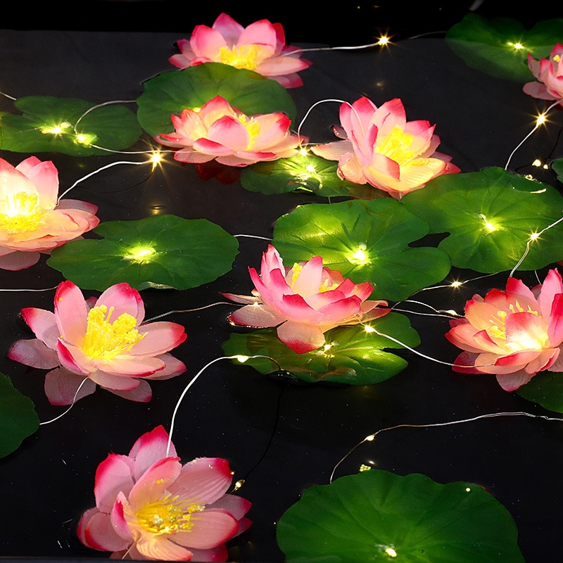 Solar Powered Lotus String Lights 2m 20LEDs Outdoor Waterproof Garland Light Garden Pond Yard Holiday  Decoration Landscape Light (5 Flowers and 5 Leaves)