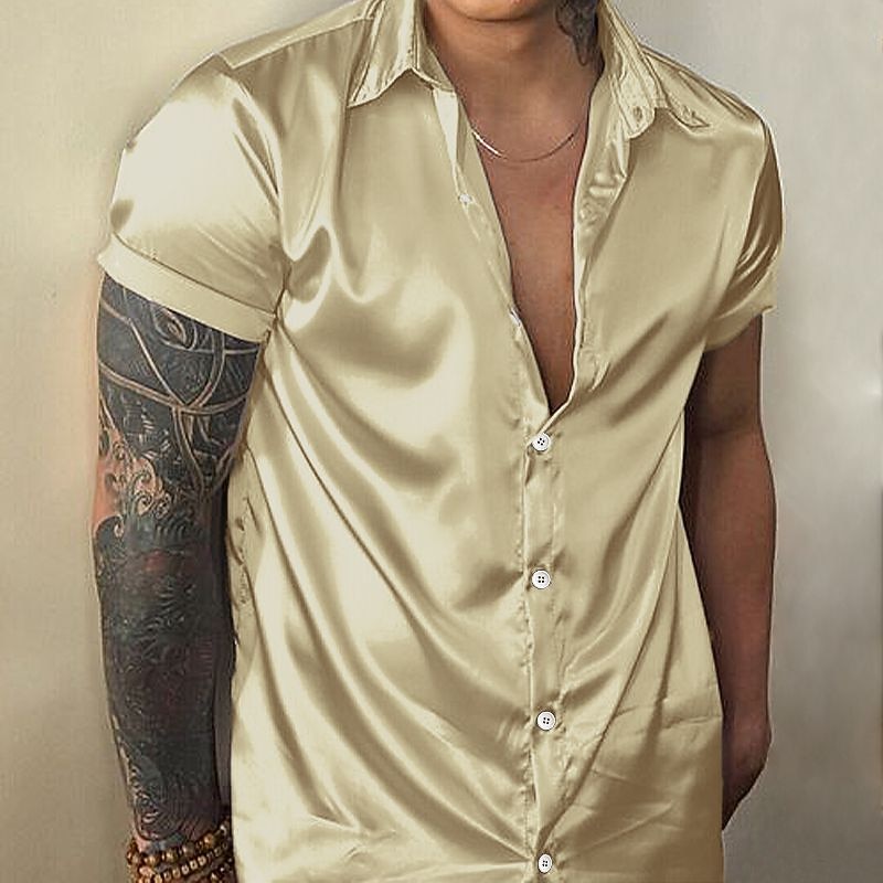 Men's Shirt Summer Shirt Casual Shirt Button Up Shirt Black Gold Short Sleeve Plain Lapel Vacation Daily Clothing Apparel Polyester Fashion Designer Casual