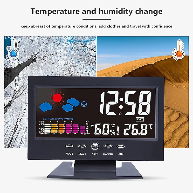 Weather Clock With Time Date Week Temperature Humidity Display Weather Forecast Function With Voice-activated Backlight Function 15.6X4X9.6CM/6.1*3.7*1.5in4