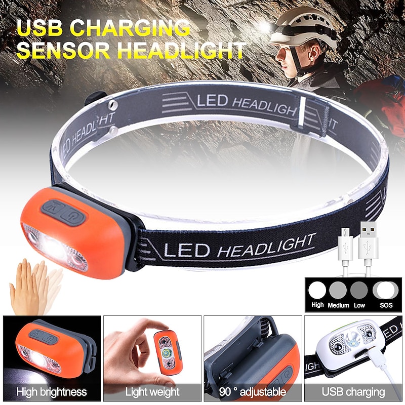 LED Headlamp Rechargeable Induction Sensor Waterproof Headlight Flashlight Ultra-light Lamp Body Used for Cycling Camping Etc. Shustar