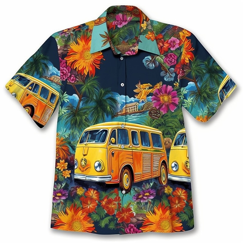 Men's Floral Hippie Bus Shirt Summer Hawaiian Shirt Aloha Shirt Short Sleeves Shirt Turndown Fashion Streetwear Designer Outdoor Street Casual Yellow Navy Blue Blue S M L2