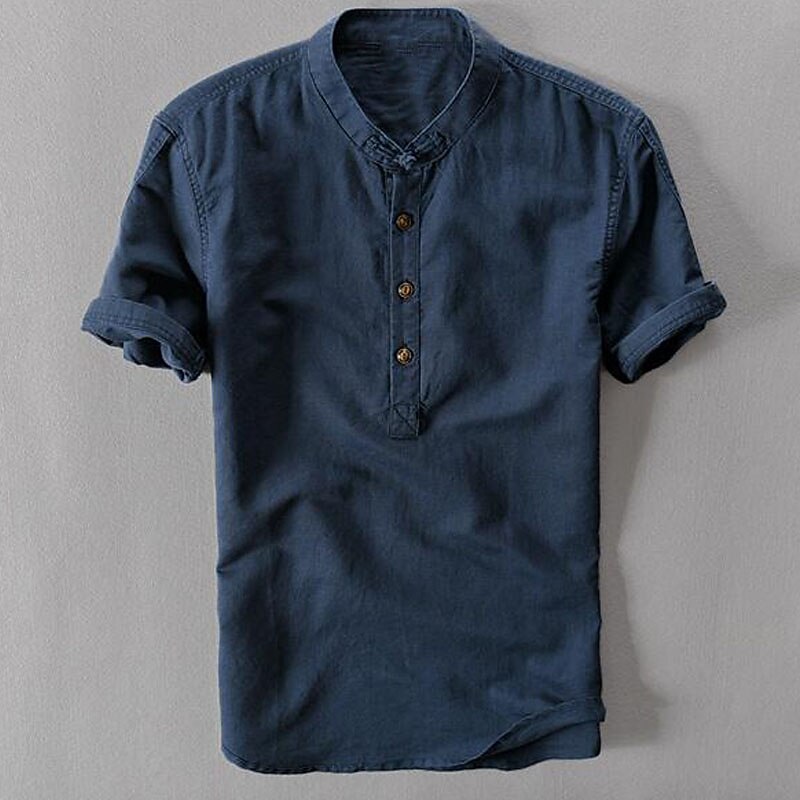Men's Cotton Linen Shirt White Cotton Shirt Chinese Collar Shirt Mandarin Collar Shirt Popover Shirt Summer Shirt Plain Vacation Casual White Dark Blue Light Sky Blue Gray Short Sleeve Collar Summer4