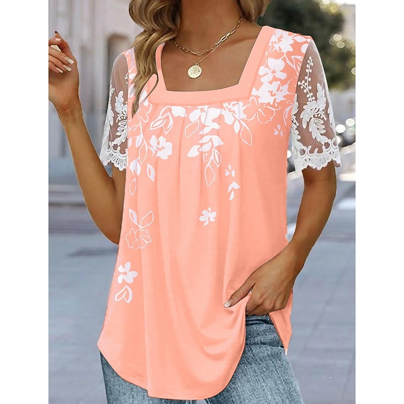 Women's T Shirt Mesh Patchwork Top Lace T-shirt Floral Basic Short Sleeve Square Neck Regular Tops Holiday Weekend Lace Print White Pink Blue Purple Green2