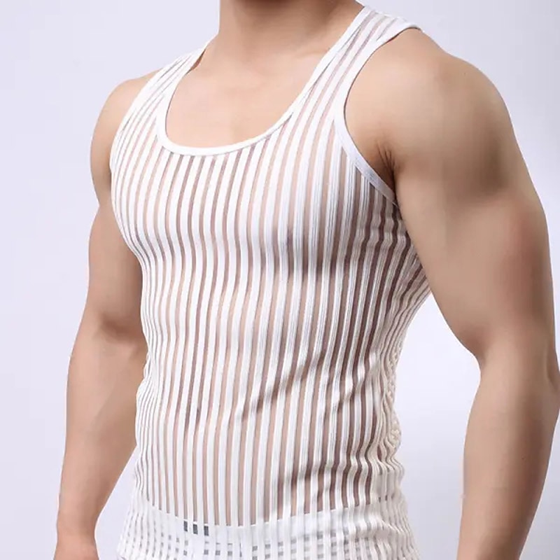 Men's Tank Top Vest Top Undershirt Racer Back Tank Top Sleeveless Scoop Neck Summer Color Block Fashion Streetwear Bodybuilding Fitness Transparent Sports & Outdoor Athleisure Black White Yellow Top3
