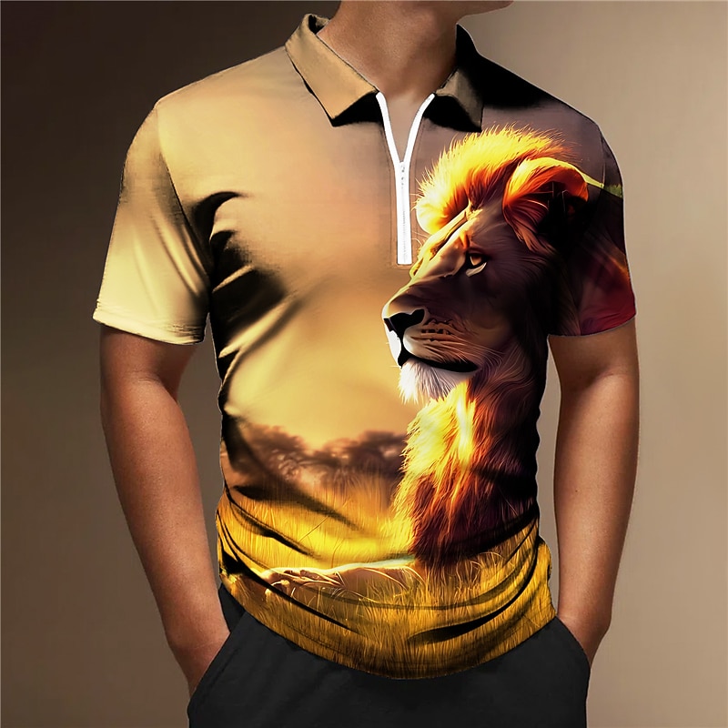 Men's Lion Zip Polo Shirts Golf Shirt Short Sleeve Polo Shirts Collared Shirts Casual Funny Streetwear Vacation Wear Party Outfits 3D Print Quarter Zip Polo Gold Gray